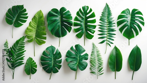 Set of green monstera, palm, and tropical plant leaves isolated on white background for design elements