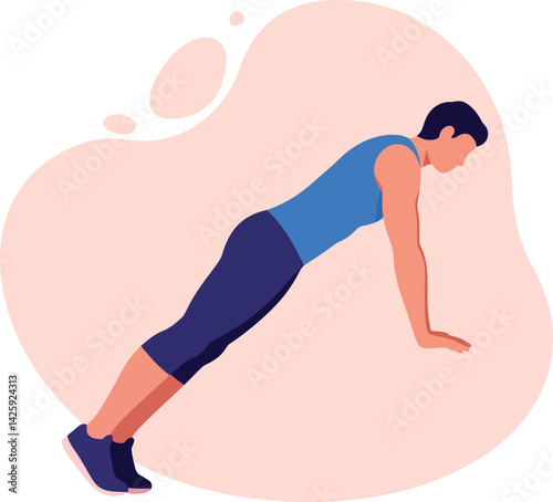 Man exercising in plank position with blue and purple sportswear vector illustration 