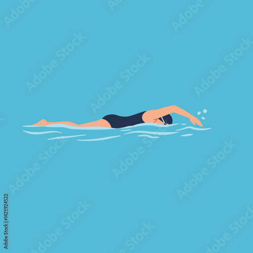 Swimmer in black swimsuit performing freestyle stroke in blue water vector illustration 