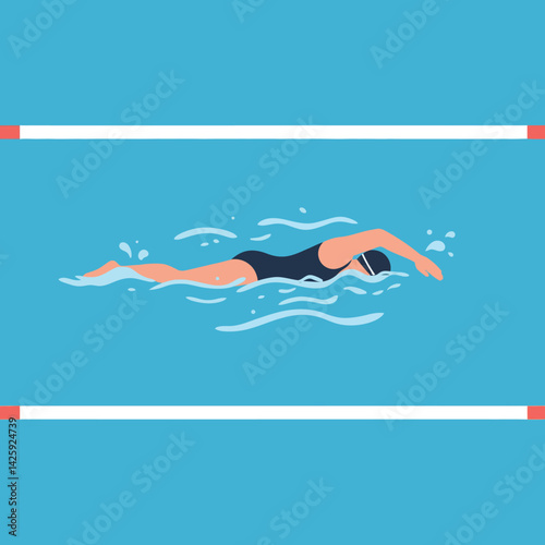Swimmer in pool doing freestyle stroke with swim cap and black swimsuit vector illustration 