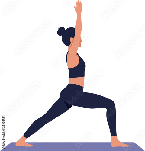 Woman in black sportswear practicing warrior yoga pose on mat vector illustration 
