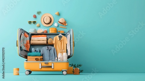 Open suitcase with summer clothes and accessories