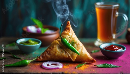 Crispy Mini Samosa: Spicy Triangle-Shaped Indian Tea Snack with Chutney and Green Chili on Colorful Backgrounds