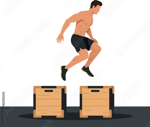 Muscular man jumping over wooden boxes during workout fitness training session vector illustration 