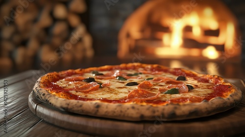 Delicious, freshly baked pizza with steaming chees