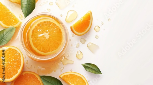 Freshly squeezed orange juice with sliced oranges and leaves photo