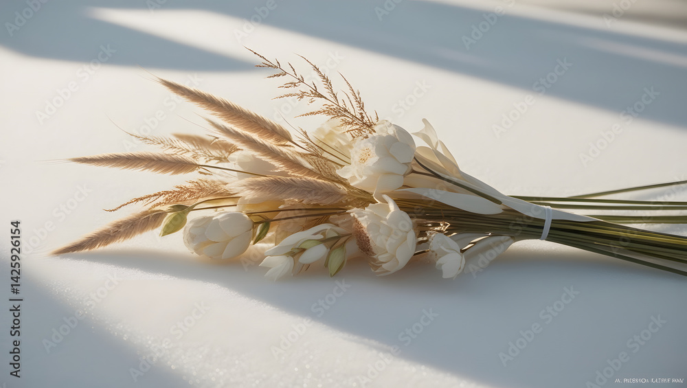 a highly stylized, cinematic photograph of a delicate arrangement of flowers from ornamental grasses, freshly cut and artfully placed on a pristine, snow-white surface, with soft, diffused lighting