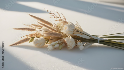 Obraz na płótnie a highly stylized, cinematic photograph of a delicate arrangement of flowers from ornamental grasses, freshly cut and artfully placed on a pristine, snow-white surface, with soft, diffused lighting w salonie