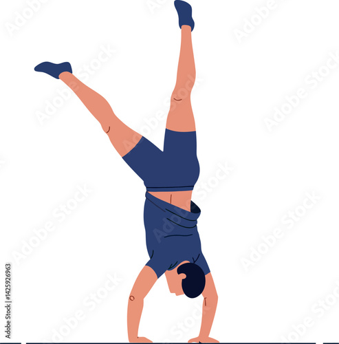 Man performing handstand exercise in blue sportswear fitness activity vector illustration 