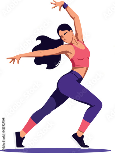 Female dancer stretching in purple pants and red top modern dance pose vector illustration 