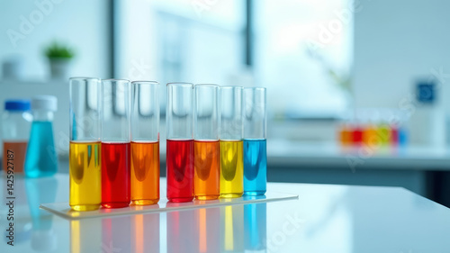 A minimalist medical lab scene featuring colorful test tubes arranged on a clear counter, copy space