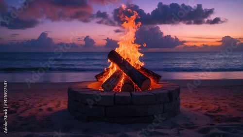 Beach bonfire blazing at sunset with animals and wood backgrounds
