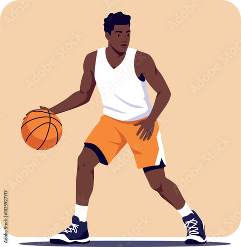 Basketball player dribbling ball in orange shorts and white tank top vector illustration 
