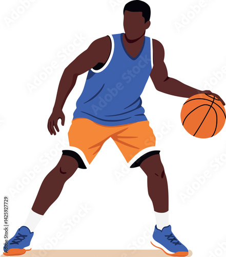 Basketball player dribbling ball in blue jersey and orange shorts vector illustration 