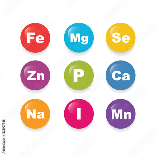 Minerals and Vitamin complex supplement set. Medical concept. Isolated on a white background 3D Vector. Icons Calcium, Magnesium, Zinc, Iron, Iodine, Manganese, Phosphorus, Selenium.