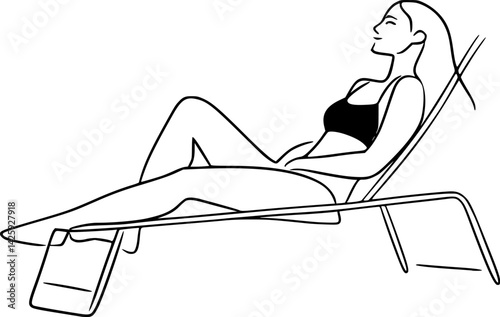 vector one line drawing woman in swimsuit sunbathing on sun lounger .Generative AI