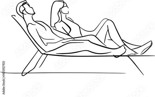 vector one line drawing of man and woman sunbathing on sun lounger .Generative AI
