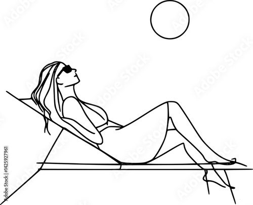 vector one line drawing woman in swimsuit sunbathing on sun lounger .Generative AI
