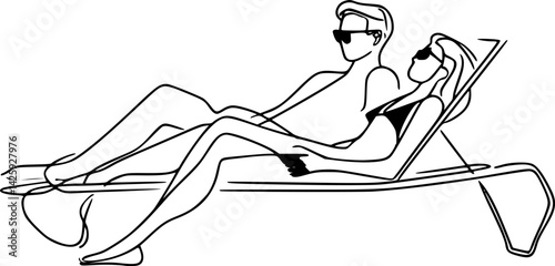 vector one line drawing of man and woman sunbathing on sun lounger .Generative AI