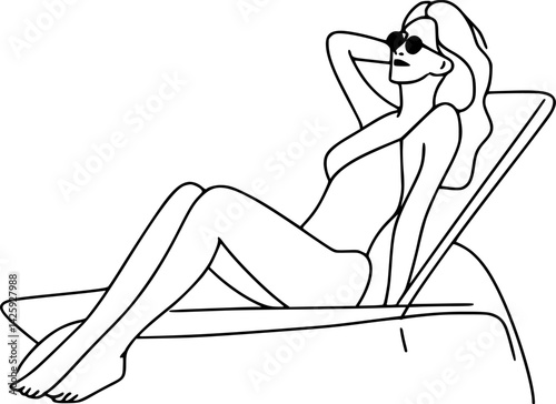 vector one line drawing woman in swimsuit sunbathing on sun lounger .Generative AI