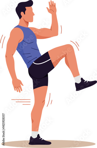 Man Exercising in Blue Tank Top and Black Shorts Performing High Knee Workout Vector Illustration 