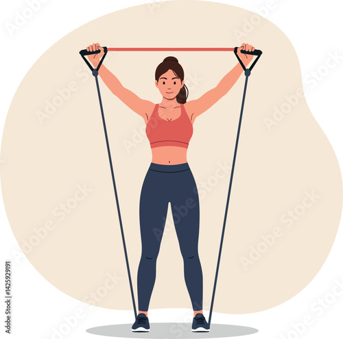 Woman exercising with resistance band fitness workout routine vector illustration 
