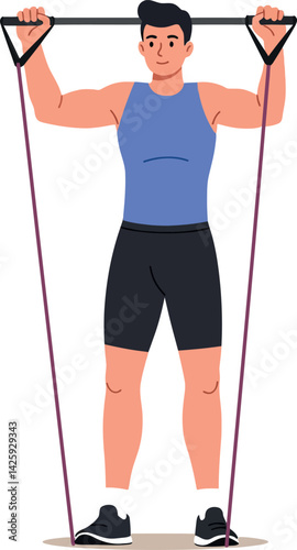 Man exercising with resistance band performing strength training workout vector illustration 