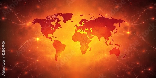 World map illustration with orange and red gradient background and glowing light connections