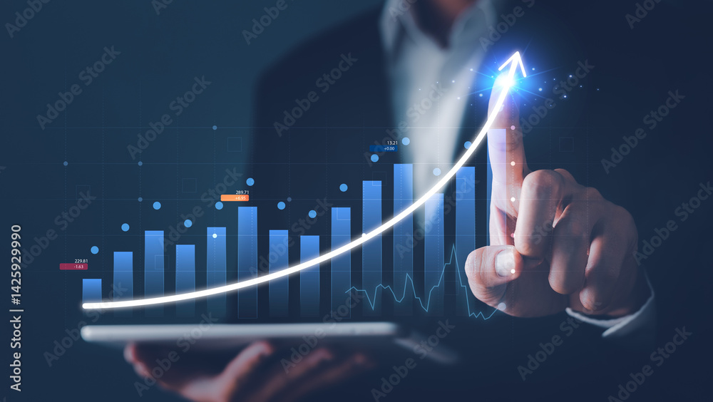 Stock market trading. Businessman discussing and analysis graph stock. Stock chart concept. Investment stock market.2024 to 2025 business financial plan market concept, performance of profit growth.