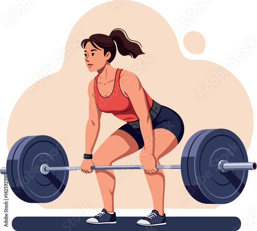 Woman lifting barbell weight training for fitness and strength exercise vector illustration 
