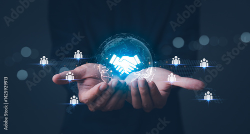 Obraz na płótnie Business ecosystems and partnerships concept. Business collaboration strategies. Acquisition network of organizations to create value for customers acquisition, business deal agreement concept. w salonie