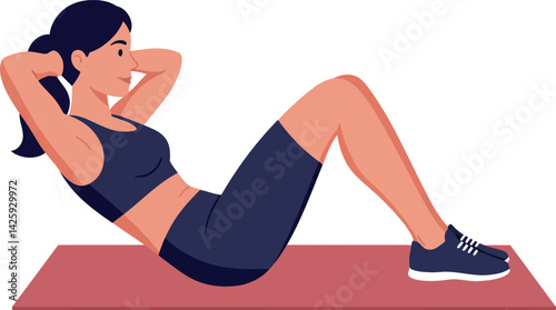 Woman Doing Sit Ups on Exercise Mat Fitness Workout Training Illustration 
