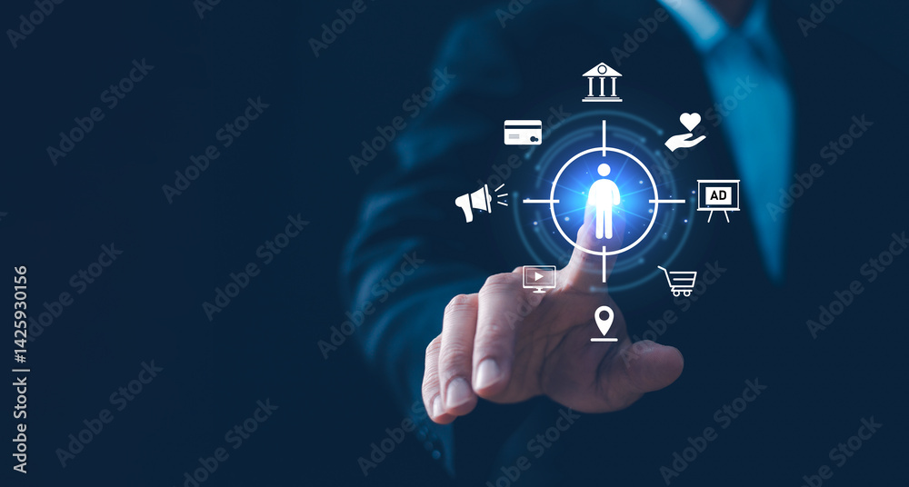 Target customer, buyer persona, customer behavior concept. Marketing plan and strategies. Personalization marketing, customer centric strategies. Businessman showing on screen to target customer.