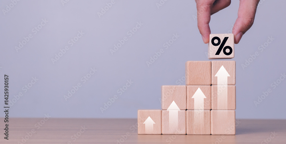 Interest rate chart, interest rate finance and mortgage rates concept, high percentage symbol and up arrow, Interest rates continue to increase, investment growth percentage and interest on deposits