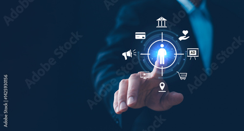 Obraz na płótnie Target customer, buyer persona, customer behavior concept. Marketing plan and strategies. Personalization marketing, customer centric strategies. Businessman showing on screen to target customer. w salonie