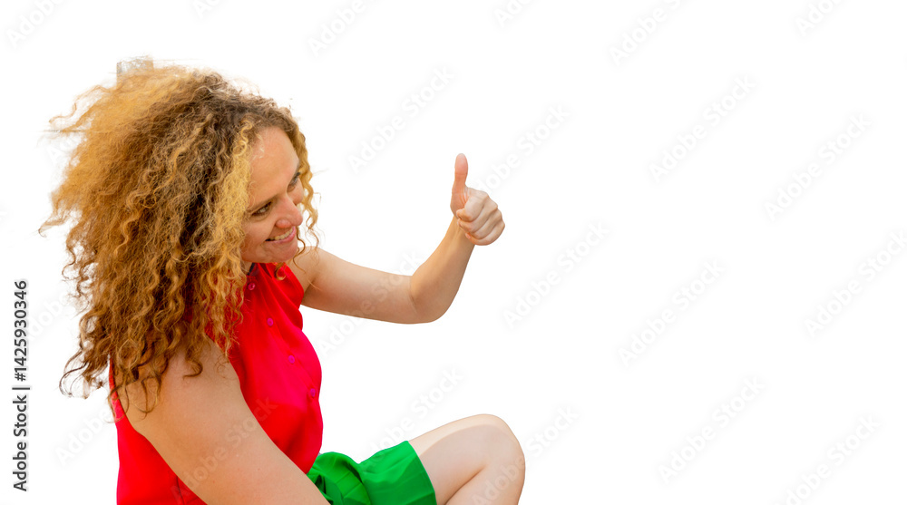 Portrait happy fasion woman shows thumb up against the sky and looking and looks sideways and up. concept of good and happy