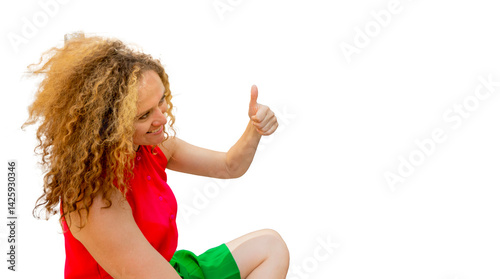 Portrait happy fasion woman shows thumb up against the sky and looking and looks sideways and up. concept of good and happy