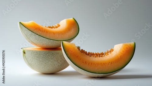 Close-up of Japanese melons, honey melons, or cantaloupes (Cucumis melo) stacked on white background