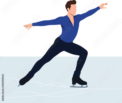 Male figure skater performing elegant pose on ice rink with blue shirt and black pants 