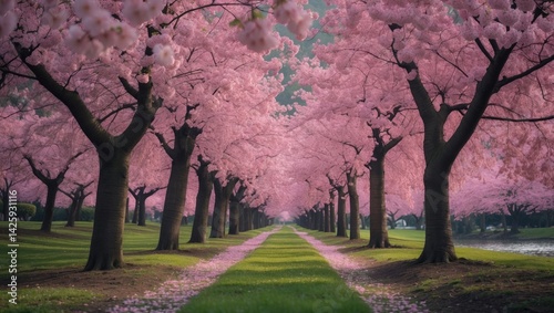 Beautiful scenic park featuring rows of blooming cherry sakura trees and lush green lawns in spring. Sakura cherry blossom alley with pink flowers.