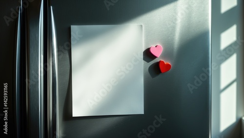Empty paper on fridge door with magnetic heart note and love message photo