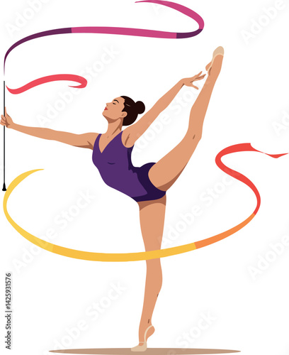 Rhythmic gymnast performing with colorful ribbons in elegant dance pose vector illustration 