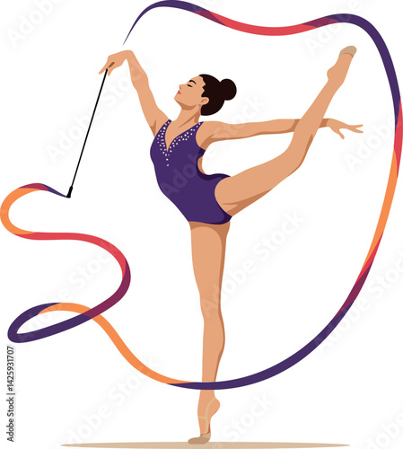 Rhythmic gymnast performing with colorful ribbon in elegant pose vector illustration 