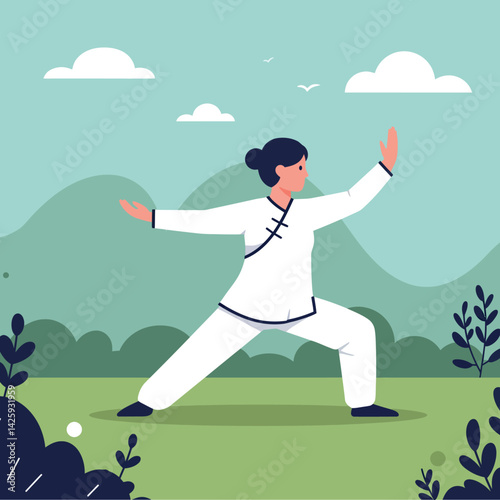 Woman practicing tai chi martial arts exercise in nature landscape vector illustration 