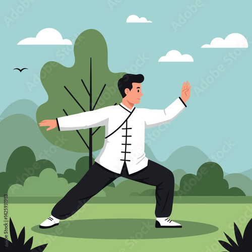 Man practicing tai chi martial arts outdoor with green nature background vector illustration 
