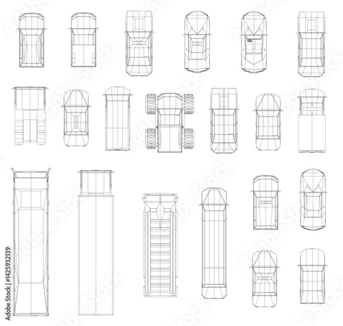 A collection of car drawings in various sizes and styles. The drawings are all in black and white and are of different types of vehicles such as cars, trucks, and buses. Top view