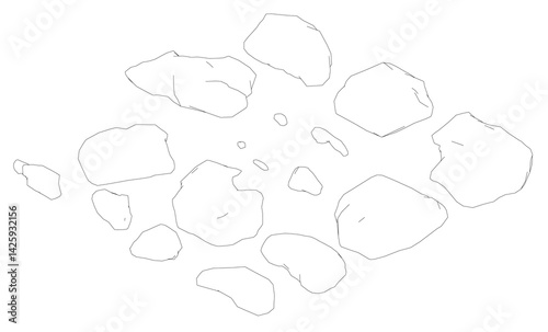 A white background with a black and white image of rocks. The rocks are scattered all over the image, with some overlapping each other. The image has a somewhat chaotic and disorganized appearance