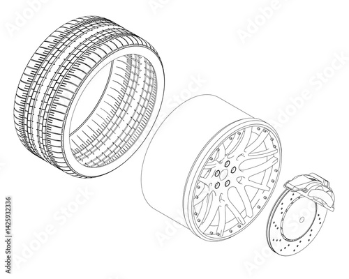 A tire is shown with a rim and a brake. The tire is black and the rim is silver. The brake is shown as a small part of the tire. Isometric view