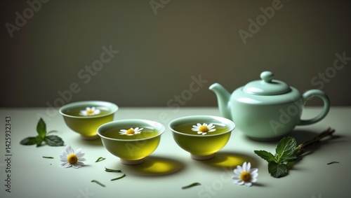 Wallpaper Mural Tea set featuring cups, kettle, mint leaves, and chamomile flowers against a simple green backdrop Torontodigital.ca