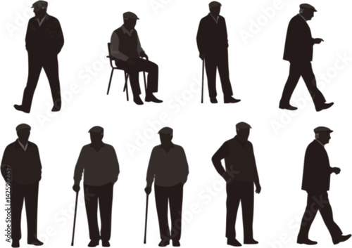 silhouettes of older men in different movements, vector set of elderly men